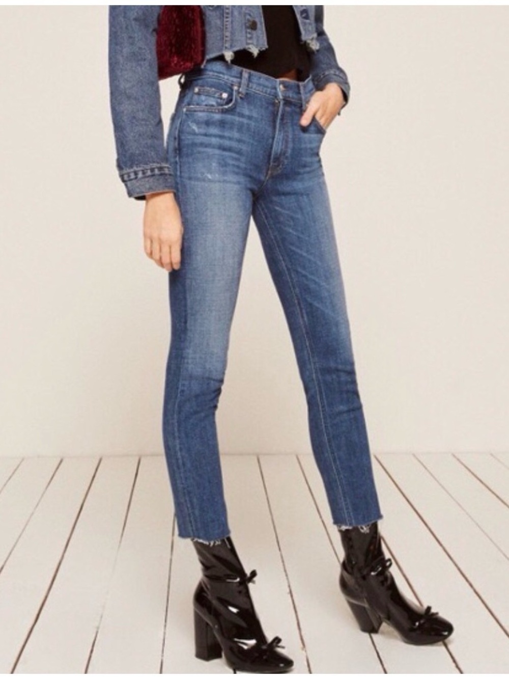 Reformation Stretch Crop Cigarette Jeans Tigris Blue Wash Size 27 Raw Hem